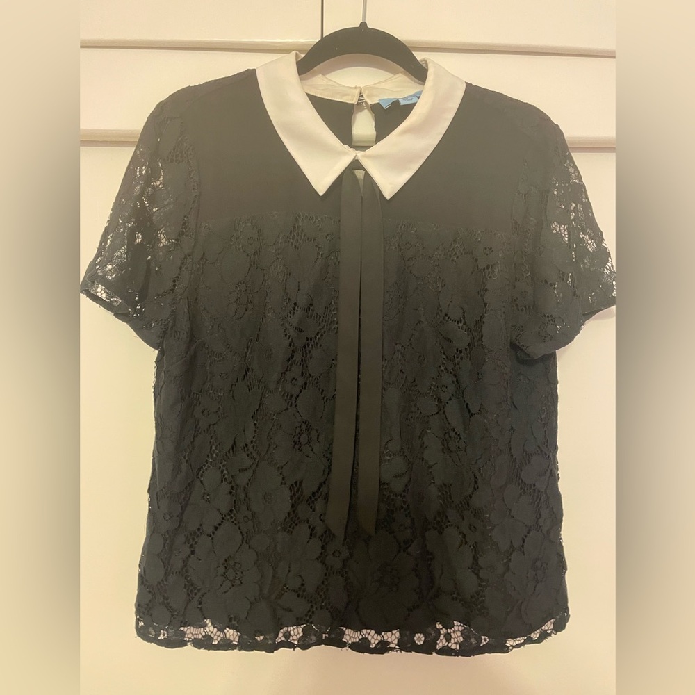 Cece Black Lace Collared Tie Top
